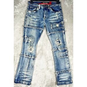 Makobi Jeans MK boy's SZ 12 Blue Distressed Denim Wash patches designer whiskers